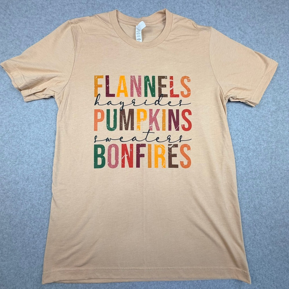 Fall Graphic Tee Tan Flannels Pumpkins Bonfires M